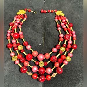 Vtg: Cranberry Red Lucite, Pink Aurora Borealis 4-Strand Necklace w/Leaf Clasp
